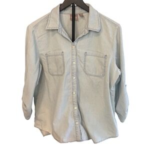 Chicos Light Wash Cotton Chambray Button Down Shirt Roll Tab Sleeve Size 2 L